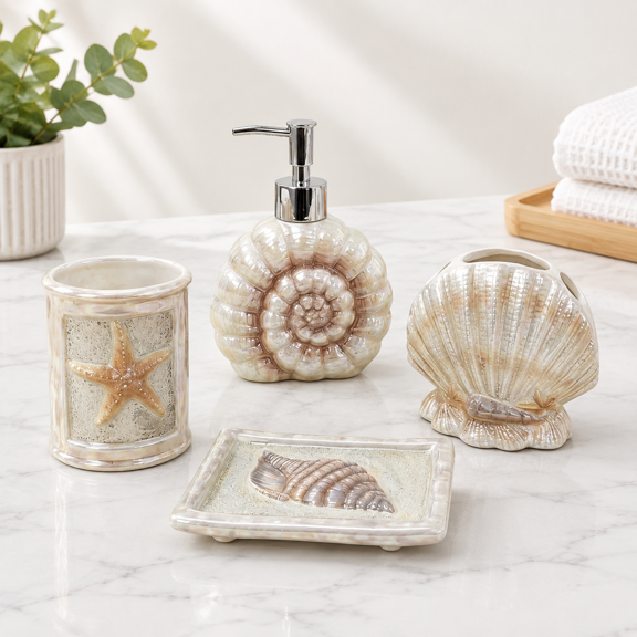 Yellow 4 Piece Ceramic Seashell Starfish Bathroom Accessory Set with Soap Dispenser