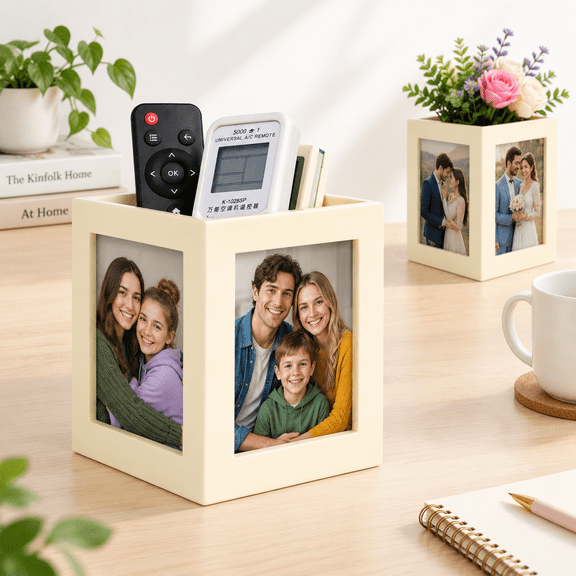 Yellow 4-Sided Tabletop Picture Frame Cube, Holds 3.5"x5" Photos, Multi-Use Organizer
