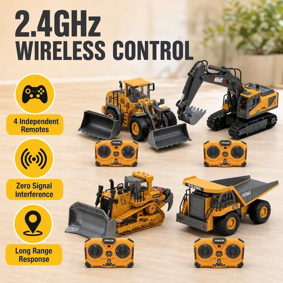Yellow 4-in-1 RC Construction Fleet 1:20 Alloy Plastic RC Excavator, Loader, Dump Truck, Bulldozer, Rotatable Design with LED Light, Battery & Charger Included