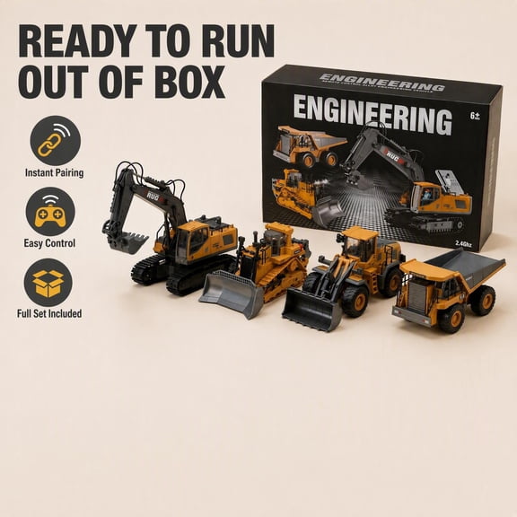 Yellow 4-in-1 RC Construction Machinery Collection, 1:20 Scale Alloy Plastic Remote Control Excavator Bulldozer Dump Truck Loader, Rotatable Cab & Arm, LED Lighting, Battery & Charger Included