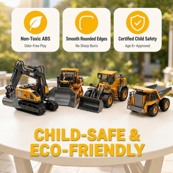 Yellow 4-in-1 RC Engineering Fleet Set, 1:20 Scale Alloy Plastic Remote Control Excavator Bulldozer Dump Truck Loader, Rotatable Cab & Working Arm, LED Lighting, Battery & Charger Included