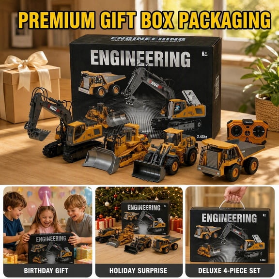 Yellow 4-in-1 Remote Control Construction Vehicle 1:20 Scale Alloy Plastic RC Excavator Dumper Bulldozer Loader with Rotating Function, LED Lights, Power Battery & Charger Included