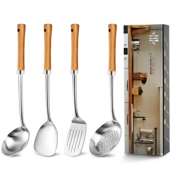 Yellow 4Pcs Stainless Steel Kitchen Utensil Set with Wooden Handles