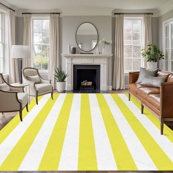 Yellow and 5'x7' Rug for Living Room Sofa and Coffee Table Layout, White Stripes Washable Non Slip Rectangle Area Rug for Living Room Dining Room, Bathroom Accent, Entryway, Beside Bed