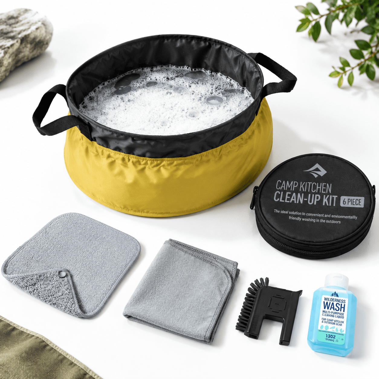 Tmess Kit Yellow 6-Piece Camping Mess Clean-Up Kit with Compact Nylon Pouch ...