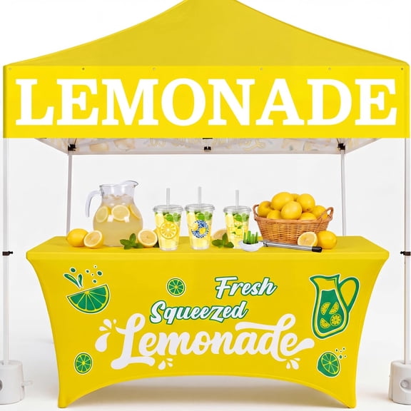 Yellow 6 ft Lemonade Stand Tablecloth Stretch Spandex Table Cover and 2 x 10 ft Lemonade Sign Vinyl Banner Fresh Squeezed Lemon Stand Supplies Lemon Flag Party Table Cloths