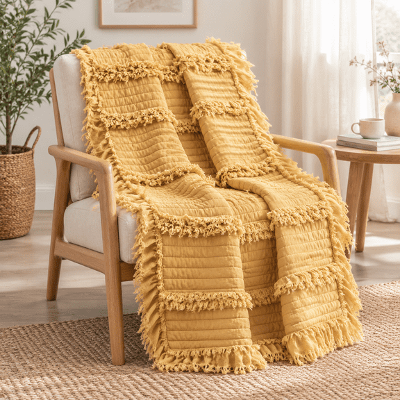 Yellow 60"x80" Ultra Soft Pre-Washed Quilted Boho Ruffle Fringed Decorative Throw Blanket