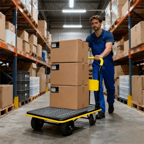 Yellow 660LBS Heavy Duty Flatbed Cart - Foldable Platform Hand Truck with 360° Swivel Wheels for Warehouse Loading & Storage