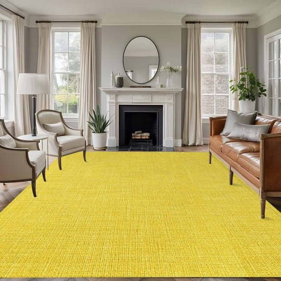 Yellow 6x9 Area Rugs, Farmhouse Burlap Solid Yellow Color Modern Linen Texture Non-Skid Rubber Backing Large Rectangle Rugs - Living Room Bedroom Home Office, Indoor Floor Mat Carpets Washable Rug
