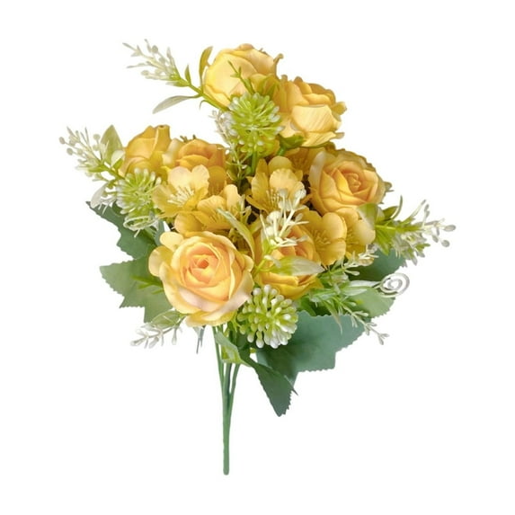 Yellow 7-Branch Artificial Rose Bouquet With Realistic Design, Durable Plastic And Vase-Free Display For Home Decor, Wedding And Party Decoration, 13.39In Tall