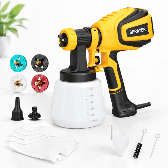 Yellow 700W Paint Sprayer with 4 Nozzles and 3 Adjustable Spray Patterns