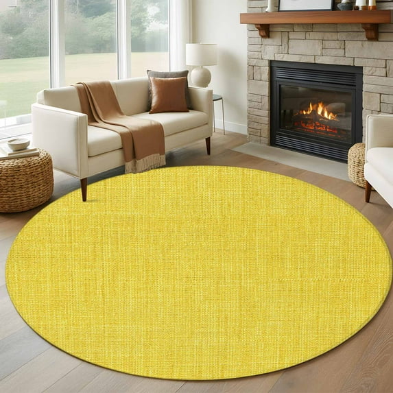 Yellow 8ft Round Rug, Farmhouse Burlap Solid Yellow Color Modern Linen Texture Non-Skid Rubber Backing Large Area Rugs - Living Room Bedroom Home Office, Indoor Floor Mat Carpets Washable Rug