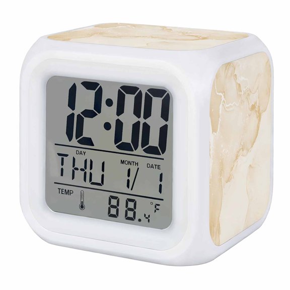 Yellow Abstract Alarm Clock, Silver Marble Ripples Clouds Luxury Fluid Art Digital Clock Night Light with 7 Color, Calendar Temperature Display, LED Desk Small Clock for Bedrooms Bedside Living Room