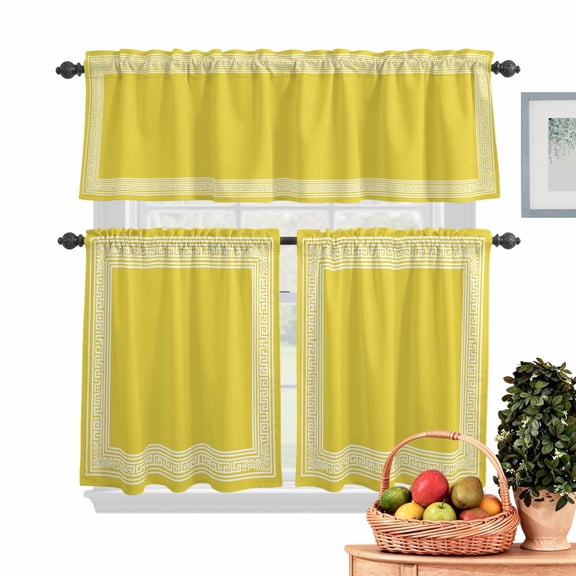 Yellow Abstract Art Kitchen Curtains Valances 3 Piece Set, Greek Key Geometric Country Farm Rod Pocket Tier Curtain and Valance Drapes for Small Window 36 Inch Length for Bedroom Cafe