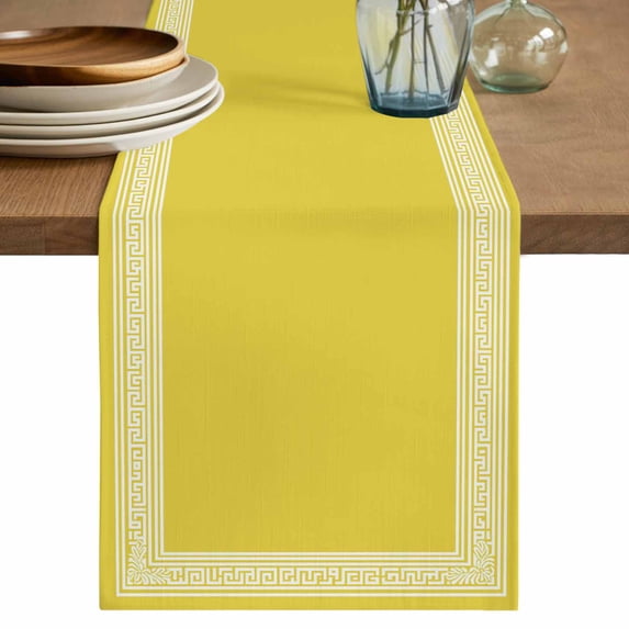 Yellow Abstract Art Table Runner, Greek Key Geometric Country Farm Cotton Linen Kitchen Table Decoration Washable Dining Tabletop Runners for Home Party Decor 18x72 Inches