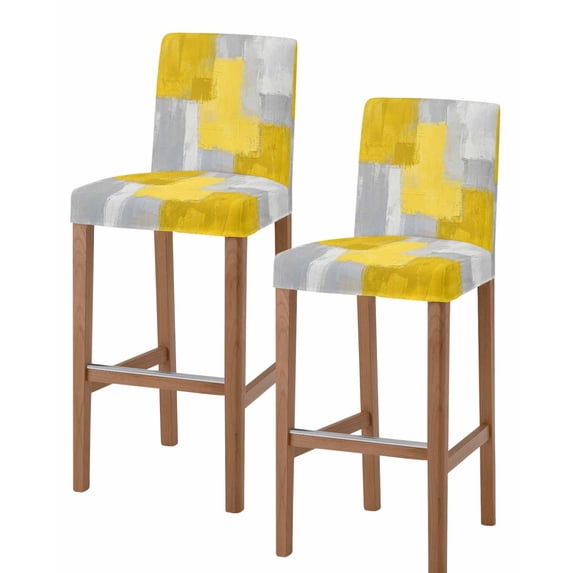 Yellow Abstract Bar Stool Covers Set of 2, Grey Geometric Oil Painting Vintage Gradient Stretch Bar Chair Covers with Backs, Removable Pub Counter Height Chair Cover for Kitchen Dining Room Cafe