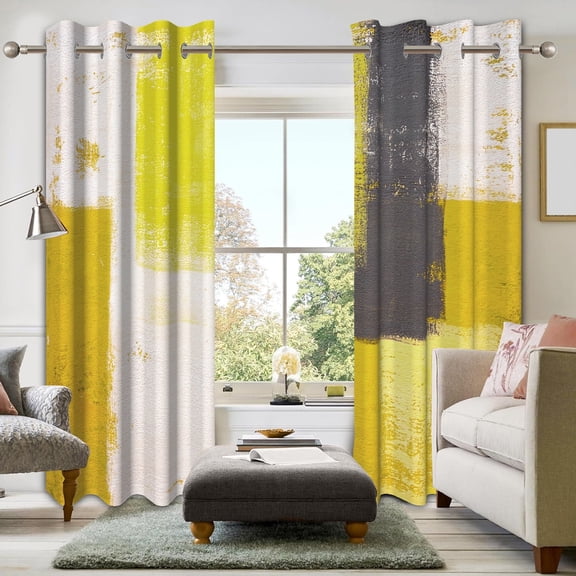 DaShan Yellow and Grey Blackout Curtains 63 inch length 2 Panels,Abstract Darkening Window Drapes for Bedroom,52x63 Inch