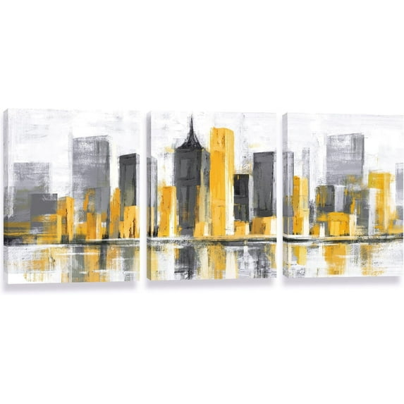 Yellow Abstract Canvas Wall Art Yellow Gray Aesthetic City Building Wall Painting Newly-designed Abstract Wall Art for Living Room Bedroom Bathroom 3 Piece Modern Aesthetic Wall Decor