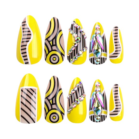 Yellow Abstract Geometric Press on Nails, Long Stiletto Glossy False Nails with Rhinestone Accents, 10 Count
