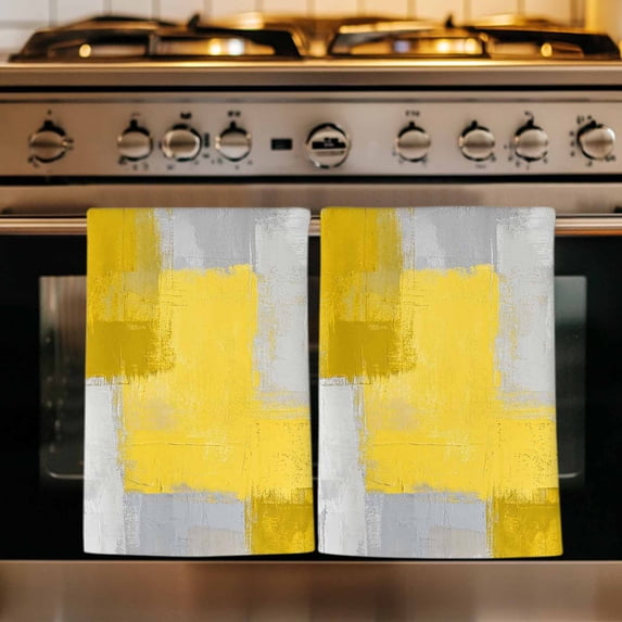 Yellow Abstract Kitchen Towels Set of 3, Grey Geometric Oil Painting Vintage Gradient Absorbent Dish Towels for Kitchen, Microfiber Hand Towel, Quick Drying Tea Towel for Cleaning Dishcloths