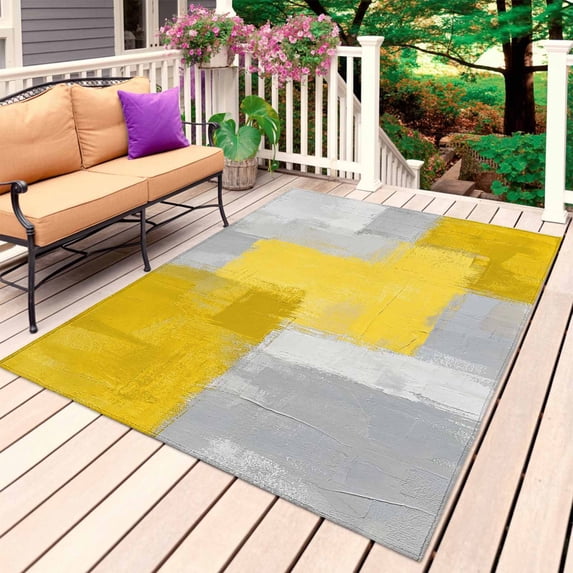Yellow Abstract Outdoor Rug 6x9 Ft, Non Slip Washable Area Rug, Grey Geometric Oil Painting Vintage Gradient Patio Rugs Carpet Runner, Large Floor Mat for Indoor/Outdoor Deck Porch Camping