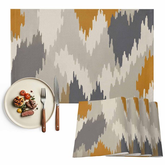 Yellow Abstract Placemats Set of 2, Boho Retro Zigzag Ikat Wave Modern Washable Wipeable Table Mats for Dining Tables, Indoor Outdoor Kitchen Place Mats for Holiday Party Table Decor