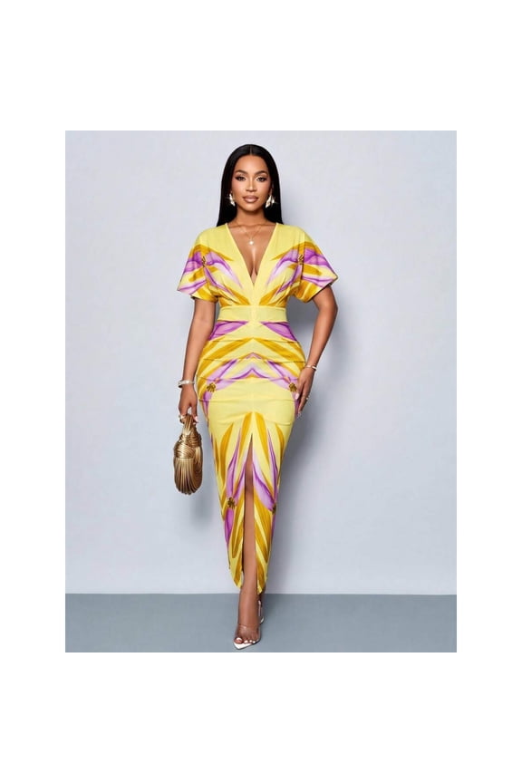Yellow Abstract Print V-Neck Split Thigh Bodycon Party Dress For Spring Summer