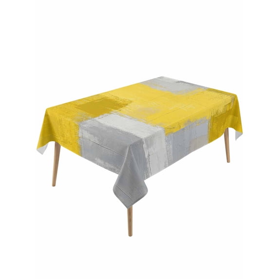 Yellow Abstract Rectangle Tablecloth, Grey Geometric Oil Painting Vintage Gradient Waterproof & StainResistant Tablecloth, Washable Oil-proof Table Cover for Dining/Party/Wedding/Buffet 54x108 In