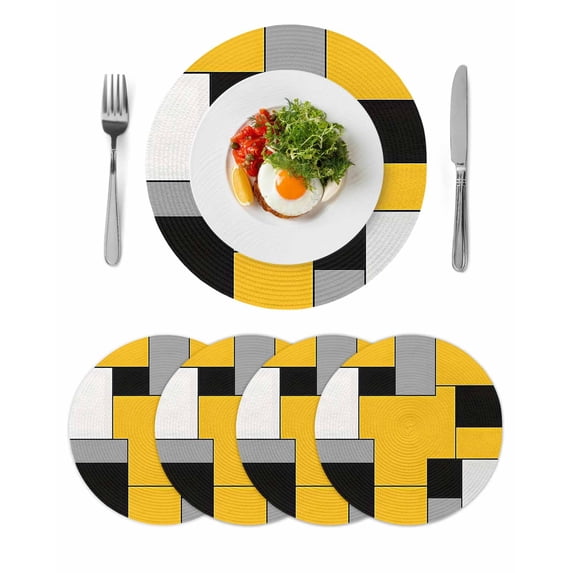 Yellow Abstract Round Placemats Set of 4 for Dinning Tables,Heat-proof Braided Table Mats 13 Inch,Geometric Grey Black White Lattice Washable Place Mat for Kitchen Restaurant Party Table Decor