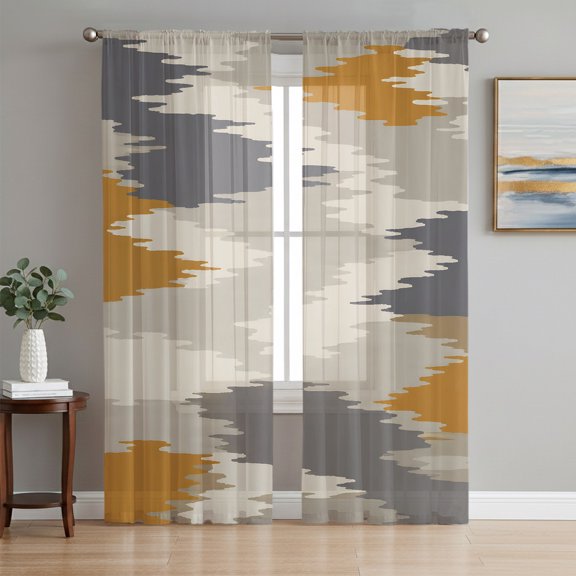 Yellow Abstract Sheer Curtains 63 Inch Length 2 Panels Set, Boho Retro Zigzag Ikat Wave Modern Voile Window Treatment Rod Pocket Curtains Sheers Drapes for Bedroom/Living Room/Kitchen 52x"63"x2