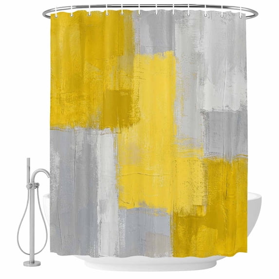 Yellow Abstract Shower Curtain, Waterproof Shower Curtains for Bathroom, Grey Geometric Oil Painting Vintage Gradient Washable Fabric Bathtub Curtain Set Bath Decor with 12 Hooks Standard 72"x72"