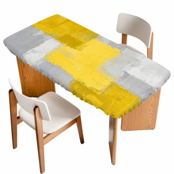 Yellow Abstract Table Cloths for 6 Foot Rectangle Tables, Grey Geometric Oil Painting Vintage Gradient Patio Waterproof Elastic Fitted Tablecloths, Washable Rectangular Table Cover for Camping