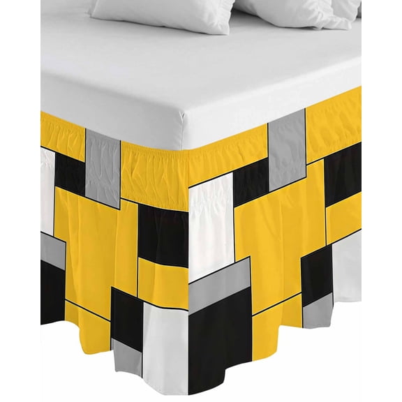 Yellow Abstract Wrap Around Bed Skirts for California King Bed 18" Drop,Bed Skirt with Adjustable Elastic Belt Dust Ruffle Bed Valance for Bedroom Geometric Grey Black White Lattice Bed Frame Cover