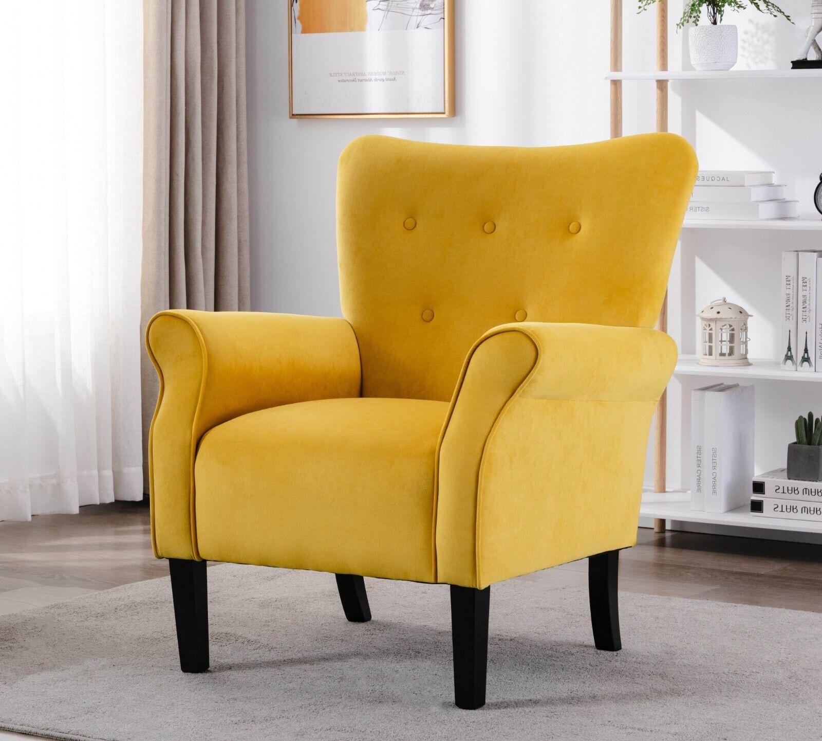 Yellow Accent Chair ButtonTufted Solidwood Interior Style Comfort