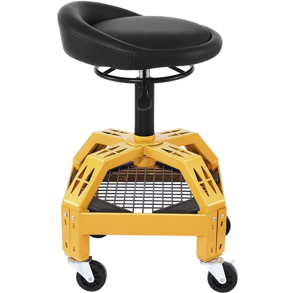 Yellow Adjustable Rolling Mechanic Garage Stool, 300 Lbs Max Load, 24-28.7 Inch Height Adjustment, 360 Swivel Wheels & Built-in Tool Tray, Heavy Duty Seat for Workshop & Auto Repair Shop