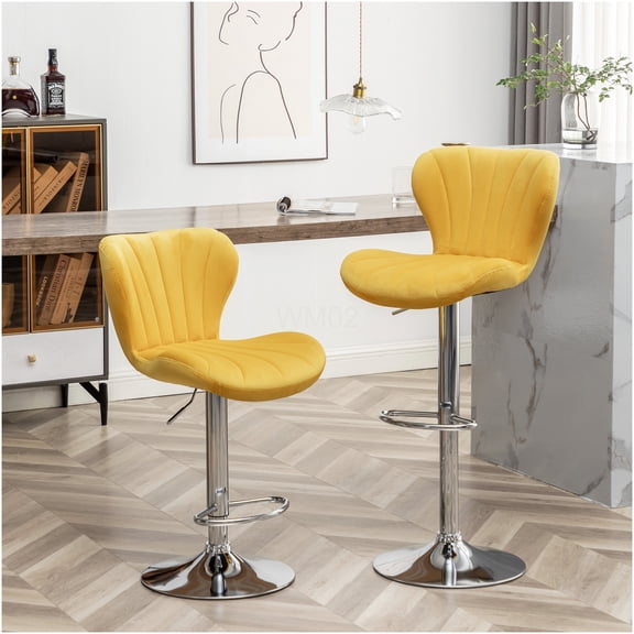 Yellow Adjustable Swivel Bar Stools Set of 2, Modern Upholstered Counter Height Stools with Footrest