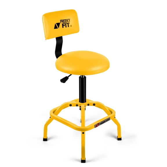 Yellow Adjustable Workshop Stool With Backrest, Padded PVC Seat, 360