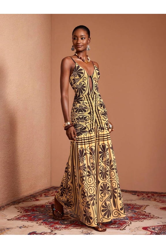 Yellow African Print Maxi Dress With Spaghetti Straps V-Neck Ruched Waist Backless Boho Evening Beach Wedding Guest Dress