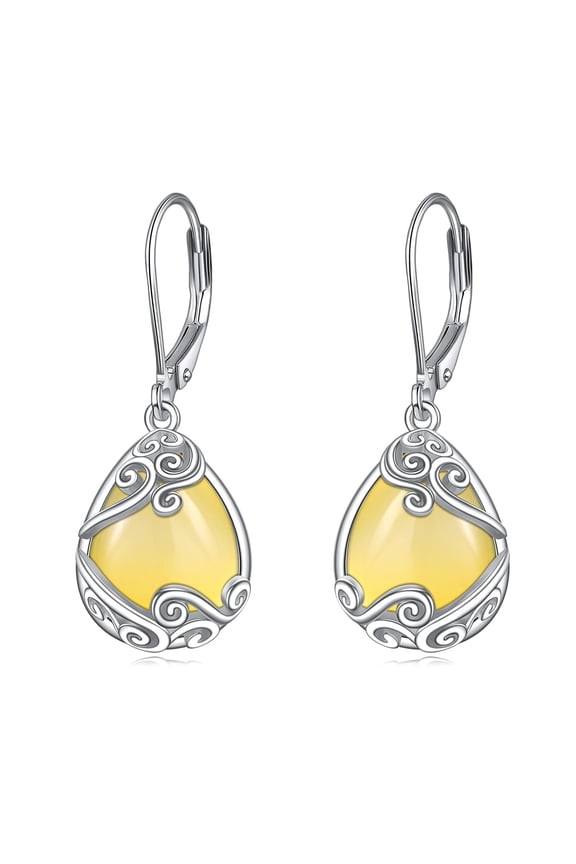 Yellow Agate Filigree Drop Dangle Teardrop Earrings 925 Sterling Silver Yellow Agate Leverback Earrings for Women Jewelry Gifts (S-Yellow Agate)