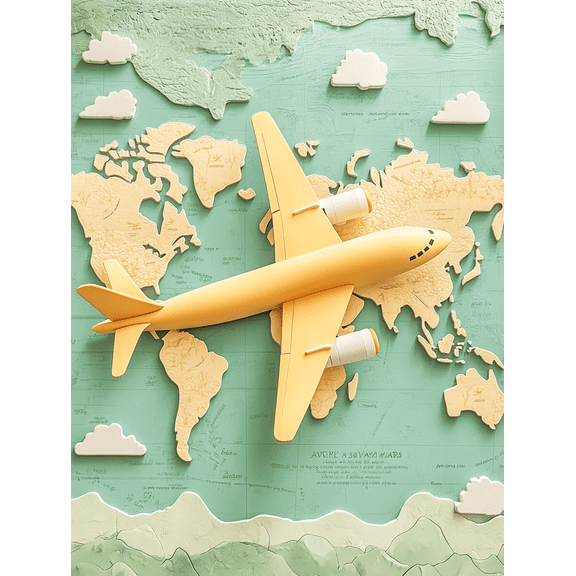 Yellow Airplane World Map Canvas Art Print Suitable for Living Room Bedroom Office Study and Travel Agency Decoration