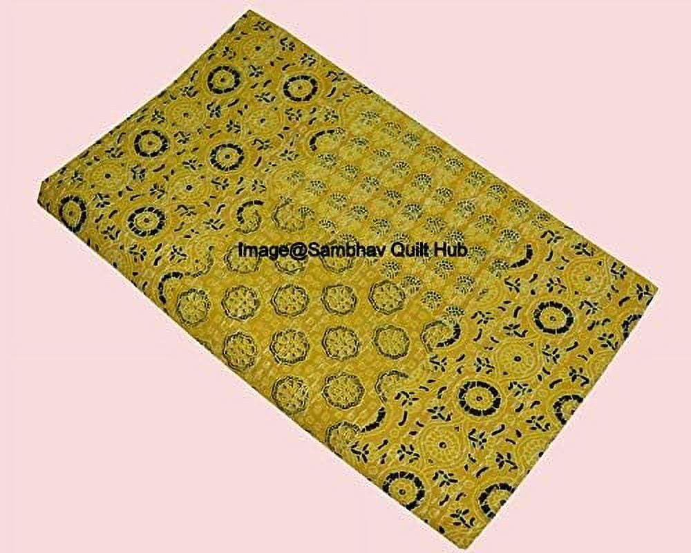 Yellow Ajrakh Hippie Queen Kantha Quilt Handmade Bohemain Bedspread King Size Vegetable Dye