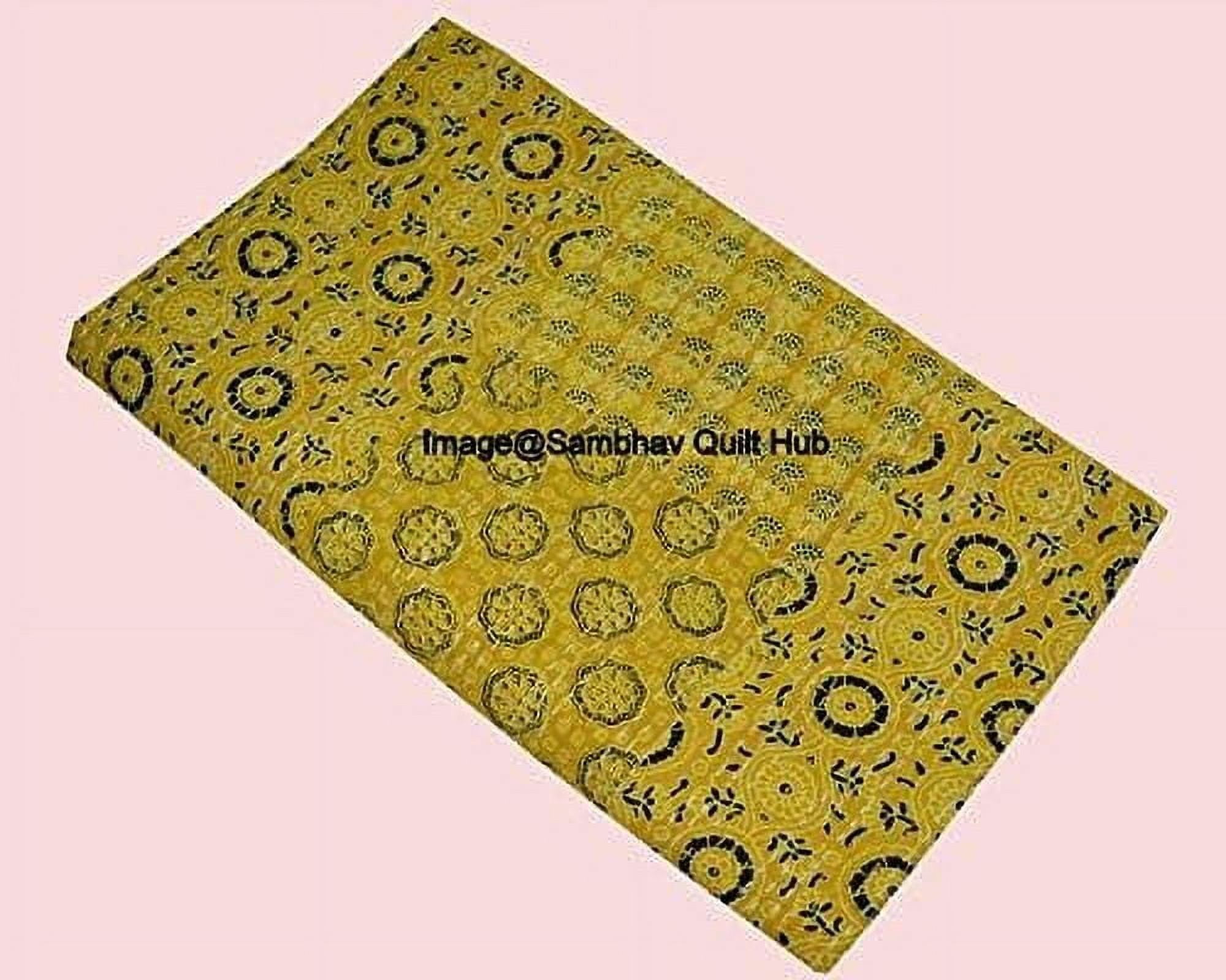 King Size Handmade Kantha Quilt – Floral Black Cotton Bedspread, Indian Style Bedcover