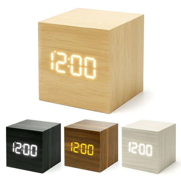 Digital Alarm Clock with Voice Control, Wooden Digital Clocks for Bedrooms, Electric Desk Clock with Large Numbers, Displays Time Date Temperature Calendar, Adjustable Brightness