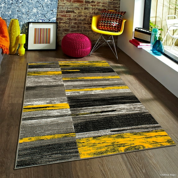 Yellow Allstar Modern. Contemporary Woven Rug. Drop-Stitch Weave Technique. Carved Effect. Vivid Pop Colors (5' x 6' 11")