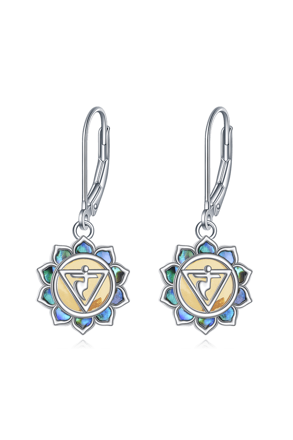 Yellow Amber 7 Chakra Lotus Flower Earrings 925 Sterling Silver Abalone Dangle Earrings for Women Yoga om Jewelry Gifts