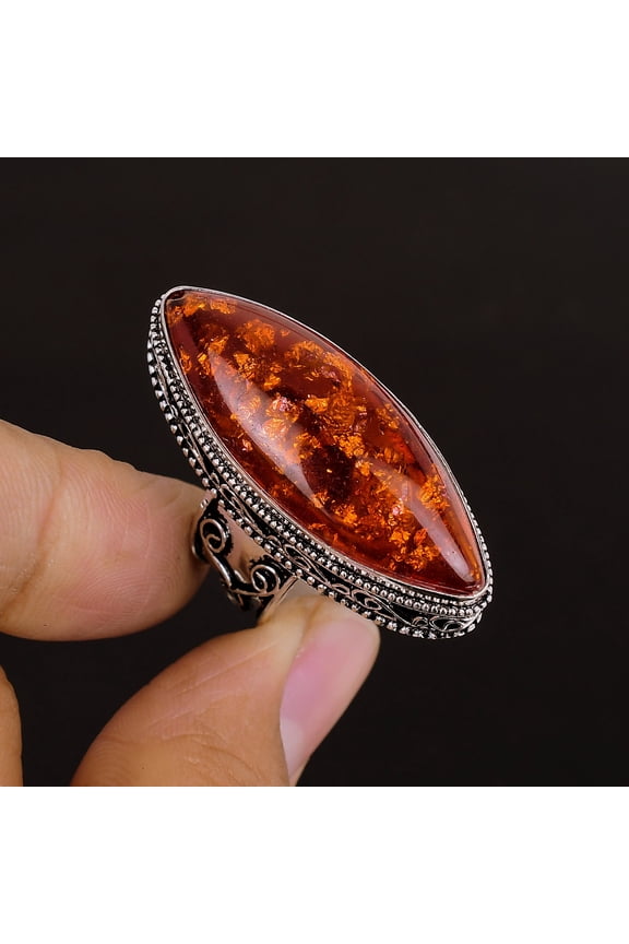 Yellow Amber Marquise Gemstone 925 Sterling Silver Vintage Adjustable Ring VJ 65