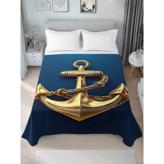 Yellow Anchor California King Size Flat Sheet, Wrinkleproof & Fadeproof Cooling Flat Bed Sheet Only, Coastal Nautical Anchor Navy Blue Breathable Soft Bedding Top Sheets 108 x 98 Inches