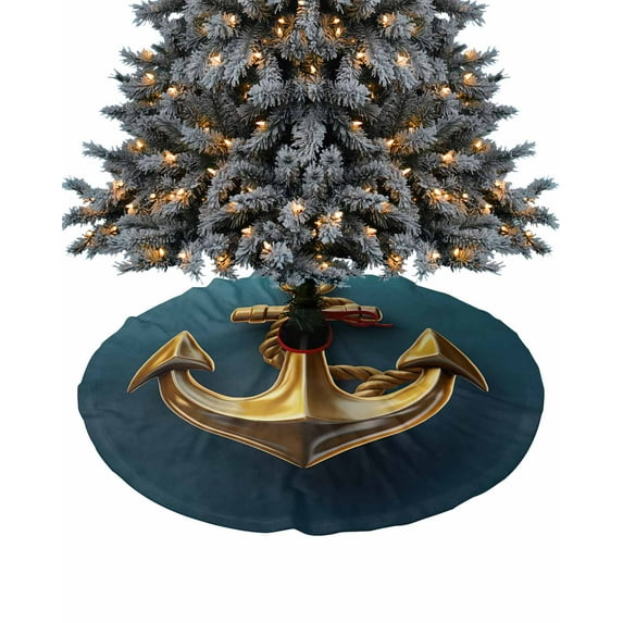 Yellow Anchor Christmas Tree Skirt 36 Inches Large Christmas Skirt Tree, Coastal Nautical Anchor Turquoise Tree Skirt Christmas Decorations for Fireplace Party Holidays Indoor Outdoor