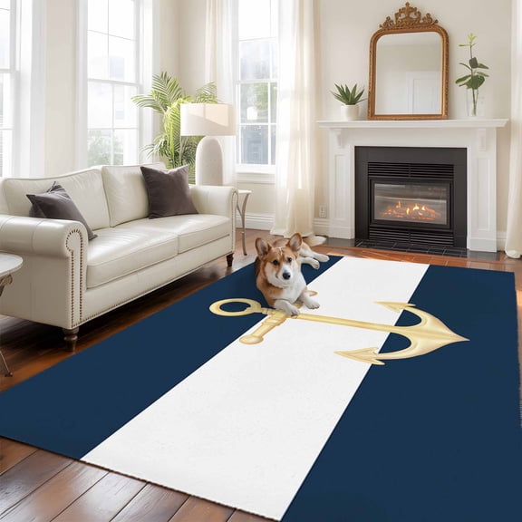 Yellow Anchor Nautical Area Rug 5x8 FT, Non Slip Bedroom Throw Carpet, Navy Blue White Striped Washable Soft Floor Carpet Non-Shedding Rug for Living Room Nursery Dorm Office
