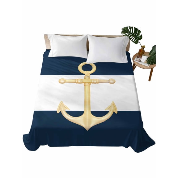 Yellow Anchor Nautical Flat Sheet Only Twin Size, Soft Breathable Bed Top Sheets for Mattress, Navy Blue White Striped Luxury Bedding Flat Sheets for Home Hotel Bedroom Bed Protection